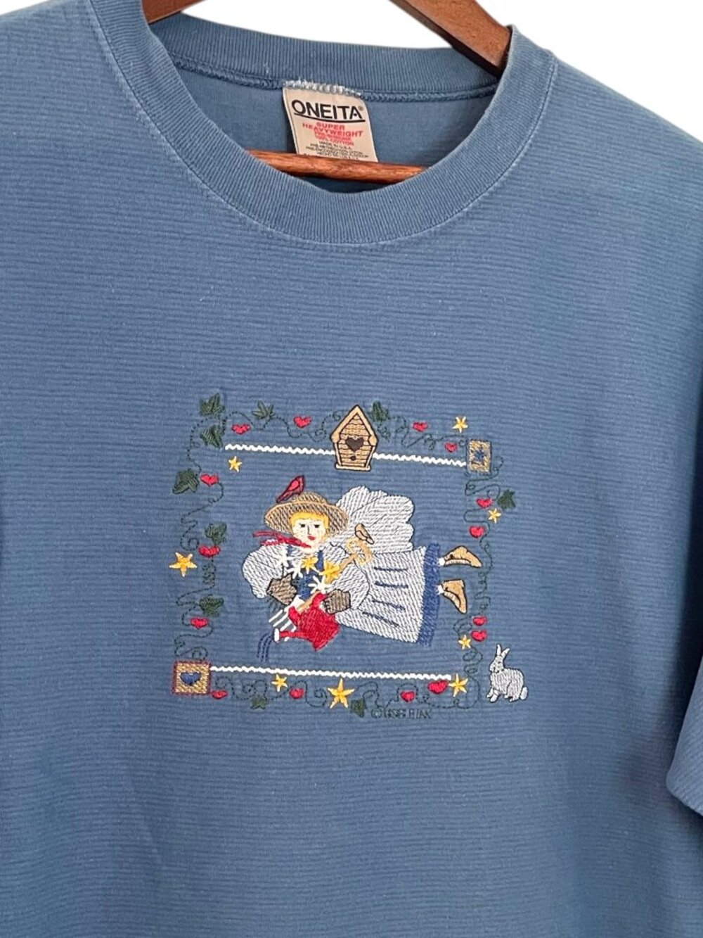 Vintage 90s Gardening Angel T Shirt XL Blue Embroidered Garden Whimsical